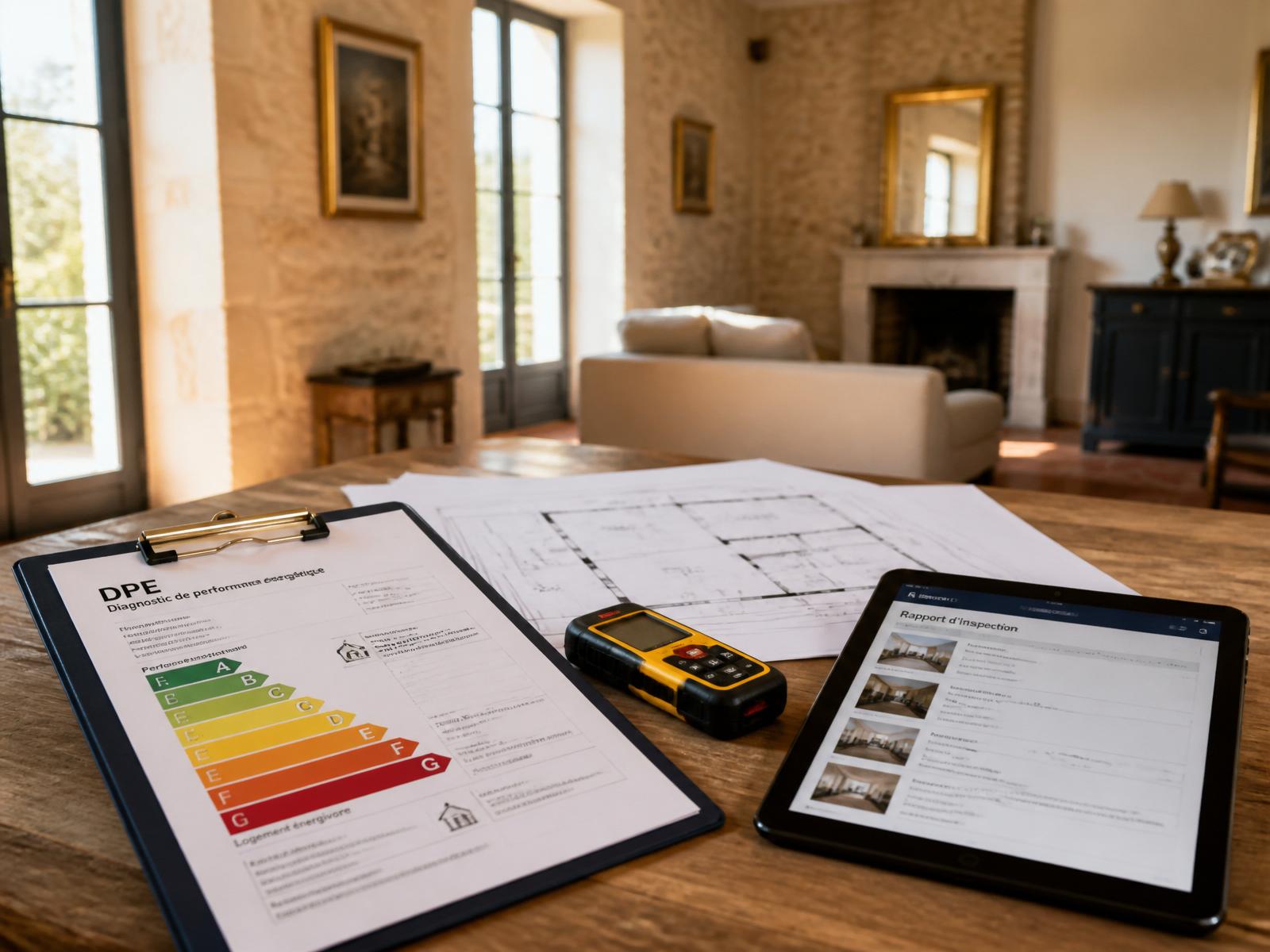 Diagnostic immobilier en cours dans un intérieur provençal — DPE, plans, appareil de mesure